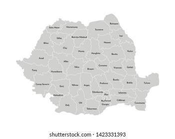 Vector isolated illustration of simplified administrative map of Romania. Borders and names of the counties (regions). Grey silhouettes. White outline