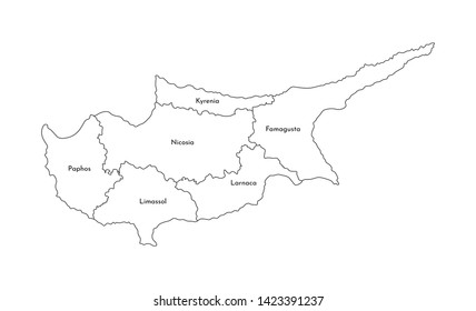 Vector isolated illustration of simplified administrative map of Cyprus. Borders and names of the districts (regions). Black line silhouettes