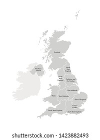 Vector isolated illustration of simplified administrative map of the United Kingdom of Great Britain and Northern Ireland. Borders and names of the regions. Grey silhouettes. White outline.