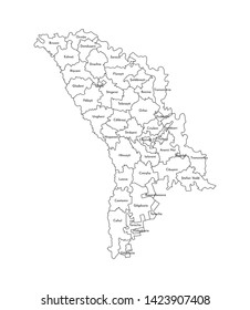 Vector isolated illustration of simplified administrative map of Moldova. Borders and names of the districts. Black line silhouettes