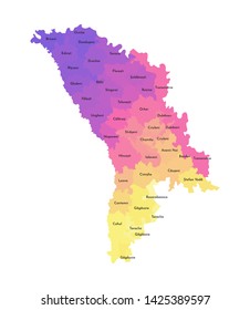 Vector isolated illustration of simplified administrative map of Moldova. Borders and names of the districts. Multi colored silhouettes