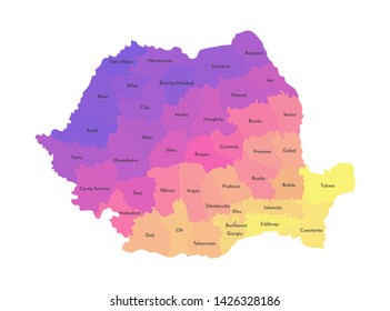 Vector isolated illustration of simplified administrative map of Romania. Borders and names of the counties. Multi colored silhouettes