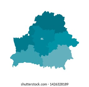Vector isolated illustration of simplified administrative map of Belarus. Borders of the regions. Colorful blue khaki silhouettes