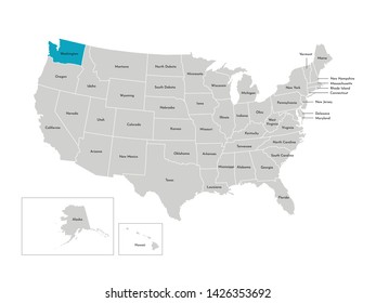 Vector isolated illustration of simplified administrative map of the USA. Borders of the states with names. Blue silhouette of Washington (state)