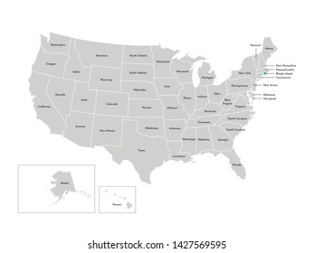 Vector isolated illustration of simplified administrative map of the USA. Borders of the states with names. Blue silhouette of Rhode Island (state)
