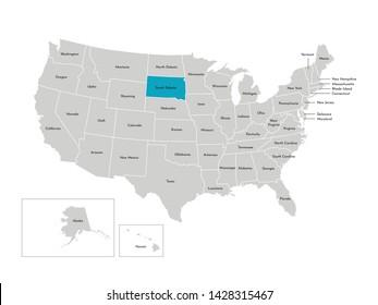 Vector isolated illustration of simplified administrative map of the USA. Borders of the states with names. Blue silhouette of South Dakota (state)