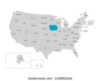 Vector isolated illustration of simplified administrative map of the USA. Borders of the states with names. Blue silhouette of Iowa (state)