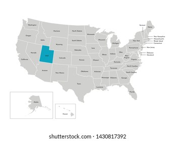 Vector isolated illustration of simplified administrative map of the USA. Borders of the states with names. Blue silhouette of Utah (state)