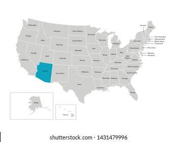 Vector isolated illustration of simplified administrative map of the USA. Borders of the states with names. Blue silhouette of Arizona (state)