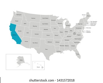 Vector isolated illustration of simplified administrative map of the USA. Borders of the states with names. Blue silhouette of California (state)