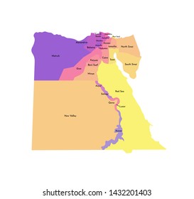 Vector isolated illustration of simplified administrative map of Egypt. Borders and names of the regions. Multi colored silhouettes