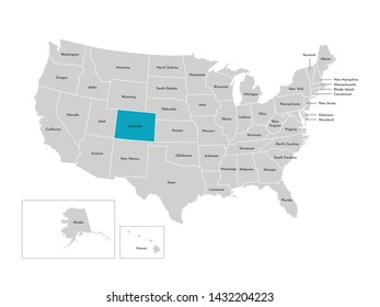 Vector isolated illustration of simplified administrative map of the USA. Borders of the states with names. Blue silhouette of Colorado (state)