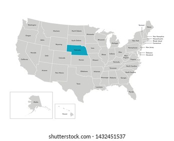 Vector isolated illustration of simplified administrative map of the USA. Borders of the states with names. Blue silhouette of Nebraska (state)