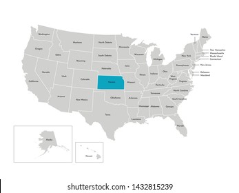 Vector isolated illustration of simplified administrative map of the USA. Borders of the states with names. Blue silhouette of Kansas (state)