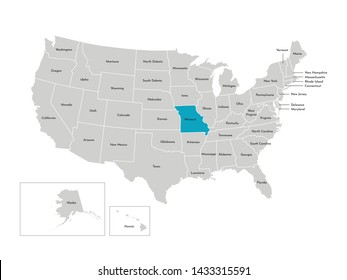 Vector isolated illustration of simplified administrative map of the USA. Borders of the states with names. Blue silhouette of Missouri (state)