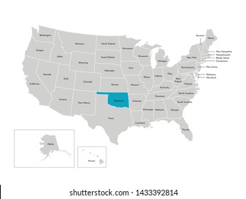 Vector isolated illustration of simplified administrative map of the USA. Borders of the states with names. Blue silhouette of Oklahoma (state)