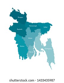Vector isolated illustration of simplified administrative map of Bangladesh. Borders and names of the regions. Colorful blue khaki silhouettes