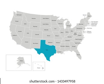 Vector isolated illustration of simplified administrative map of the USA. Borders of the states with names. Blue silhouette of Texas (state)