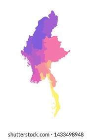 Vector isolated illustration of simplified administrative map of Myanmar. Borders of the regions. Multi colored silhouettes