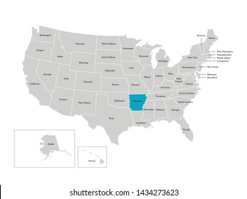 Vector isolated illustration of simplified administrative map of the USA. Borders of the states with names. Blue silhouette of Arkansas (state)