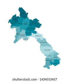 Vector isolated illustration of simplified administrative map of Laos. Borders and names of the regions. Colorful blue khaki silhouettes