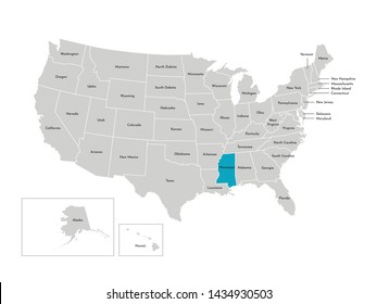 Vector isolated illustration of simplified administrative map of the USA. Borders of the states with names. Blue silhouette of Mississippi (state)