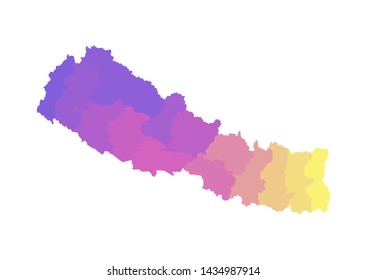 Vector isolated illustration of simplified administrative map of Nepal. Borders of the zones. Multi colored silhouettes.