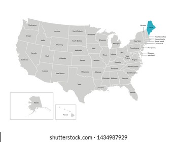 Vector isolated illustration of simplified administrative map of the USA. Borders of the states with names. Blue silhouette of Maine (state)