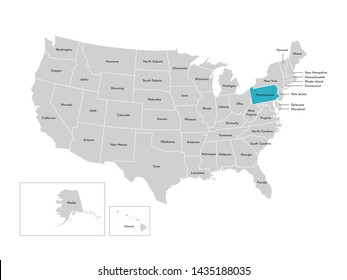 Vector isolated illustration of simplified administrative map of the USA. Borders of the states with names. Blue silhouette of Pennsylvania (state)