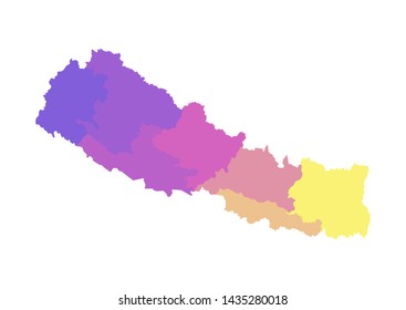 Vector isolated illustration of simplified administrative map of Nepal. Borders of the provinces. Multi colored silhouettes.