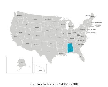 Vector isolated illustration of simplified administrative map of the USA. Borders of the states with names. Blue silhouette of Alabama (state)