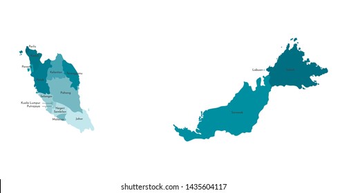 Vector isolated illustration of simplified administrative map of Malaysia. Borders and names of the regions. Colorful blue khaki silhouettes