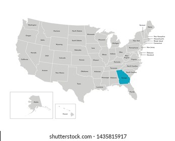 Vector isolated illustration of simplified administrative map of the USA. Borders of the states with names. Blue silhouette of Georgia (state of US)