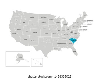 Vector isolated illustration of simplified administrative map of the USA. Borders of the states with names. Blue silhouette of South Carolina (state)