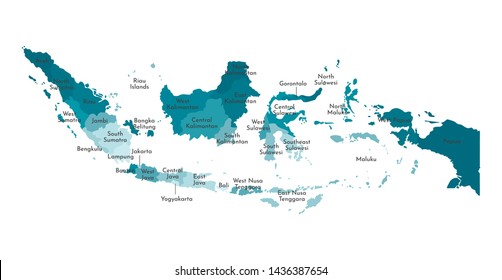 Vector isolated illustration of simplified administrative map of Indonesia. Borders and names of the provinces. Colorful blue khaki silhouettes