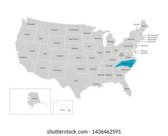 Vector isolated illustration of simplified administrative map of the USA. Borders of the states with names. Blue silhouette of North Carolina (state)