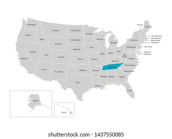 Vector isolated illustration of simplified administrative map of the USA. Borders of the states with names. Blue silhouette of Tennessee (state)