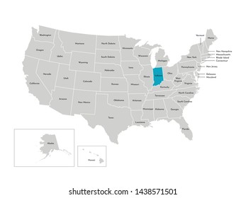 Vector isolated illustration of simplified administrative map of the USA. Borders of the states with names. Blue silhouette of Indiana (state)