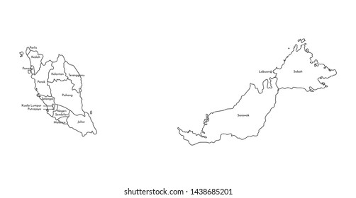 Vector isolated illustration of simplified administrative map of Malaysia. Borders and names of the regions. Black line silhouettes.