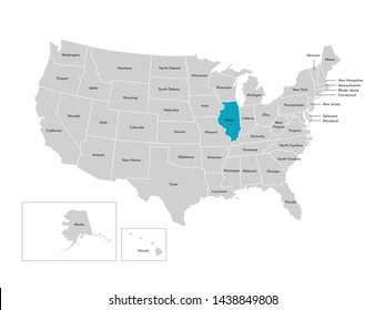 Vector isolated illustration of simplified administrative map of the USA. Borders of the states with names. Blue silhouette of Illinois (state)