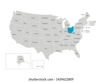 Vector isolated illustration of simplified administrative map of the USA. Borders of the states with names. Blue silhouette of Ohio (state)