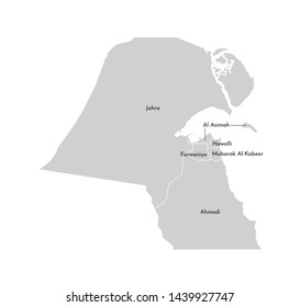 Vector isolated illustration of simplified administrative map of Kuwait. Borders and names of the governorate (regions). Grey silhouettes. White outline