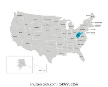 Vector isolated illustration of simplified administrative map of the USA. Borders of the states with names. Blue silhouette of West Virginia (state)