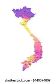 Vector isolated illustration of simplified administrative map of Vietnam. Borders and names of the regions. Multi colored silhouettes.