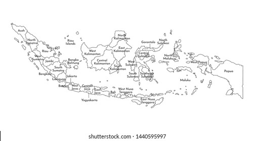 Vector isolated illustration of simplified administrative map of Indonesia. Borders and names of the provinces. Black line silhouettes.