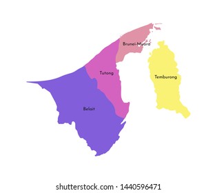 Vector isolated illustration of simplified administrative map of Brunei. Borders and names of the districts (regions). Multi colored silhouettes.