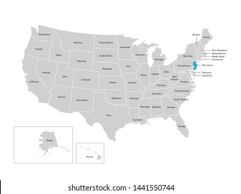 Vector isolated illustration of simplified administrative map of the USA. Borders of the states with names. Blue silhouette of New Jersey (state)