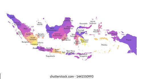 Vector isolated illustration of simplified administrative map of Indonesia. Borders and names of the provinces . Multi colored silhouettes.