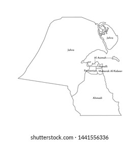 Vector isolated illustration of simplified administrative map of Kuwait. Borders of the governorates. Black line silhouettes