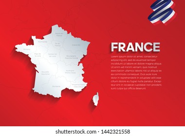 Vector isolated illustration of simplified administrative map and flag  of France. Borders of the provinces (regions). Grey silhouettes.
